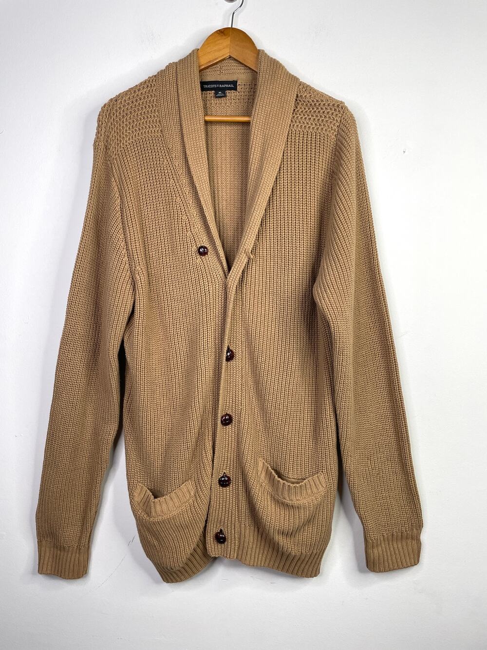 Tricots St Raphael Cotton Knit Camel Tan Shawl Collar Cardigan Sweater Mens XL